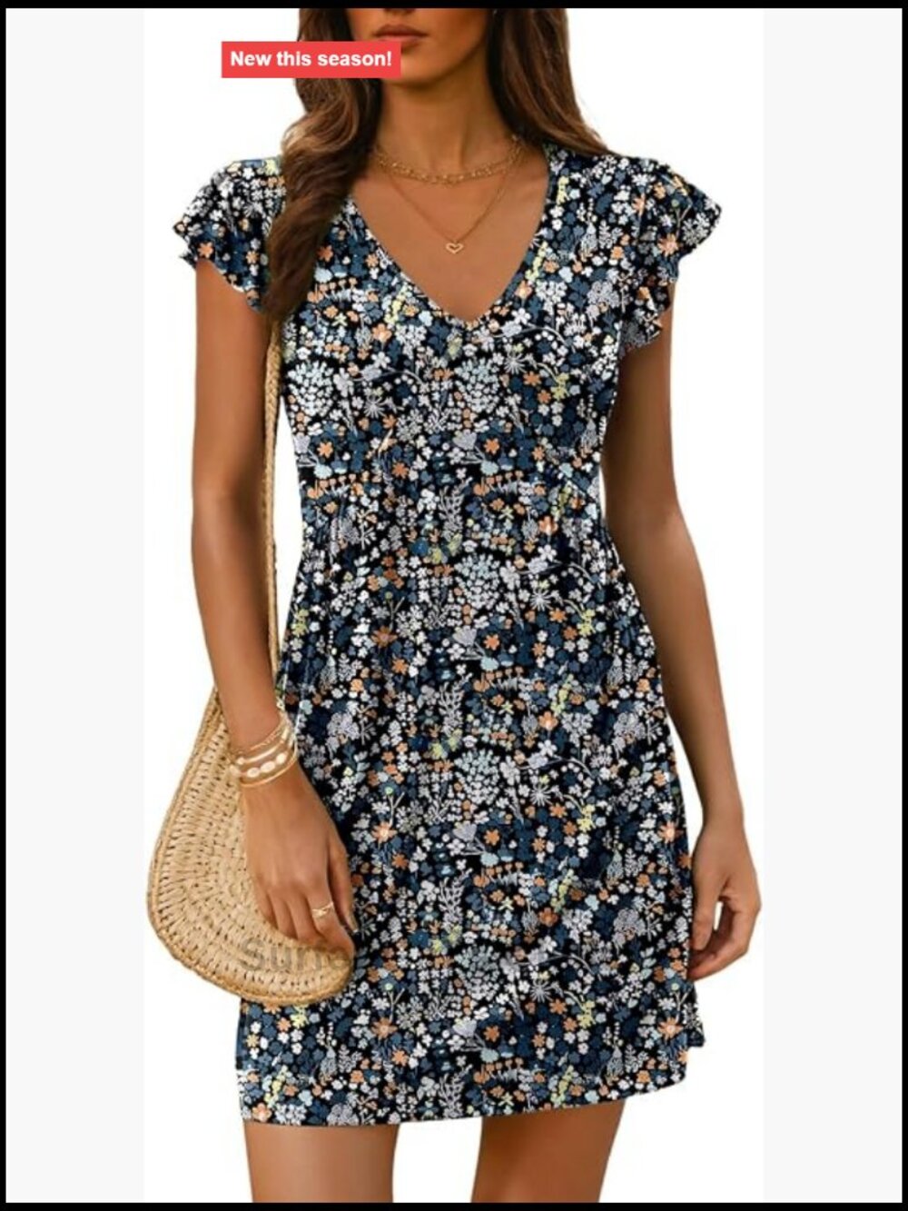 Dokotoo Womens Summer Sundress Ruffle Sleeve Mini Dress Boho Floral V-Neck